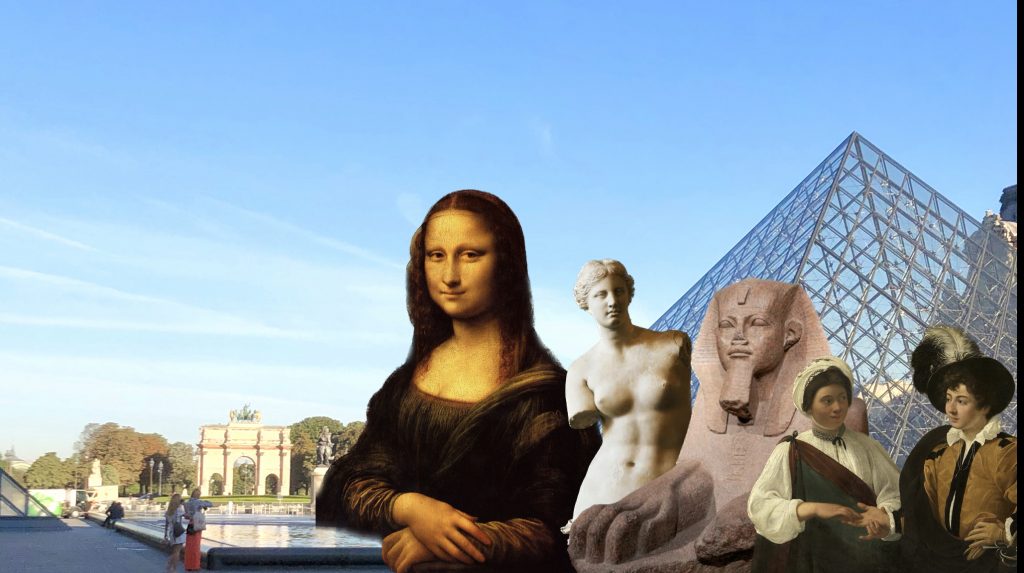 Louvre masterpieces showing in front of the museum pyramid.